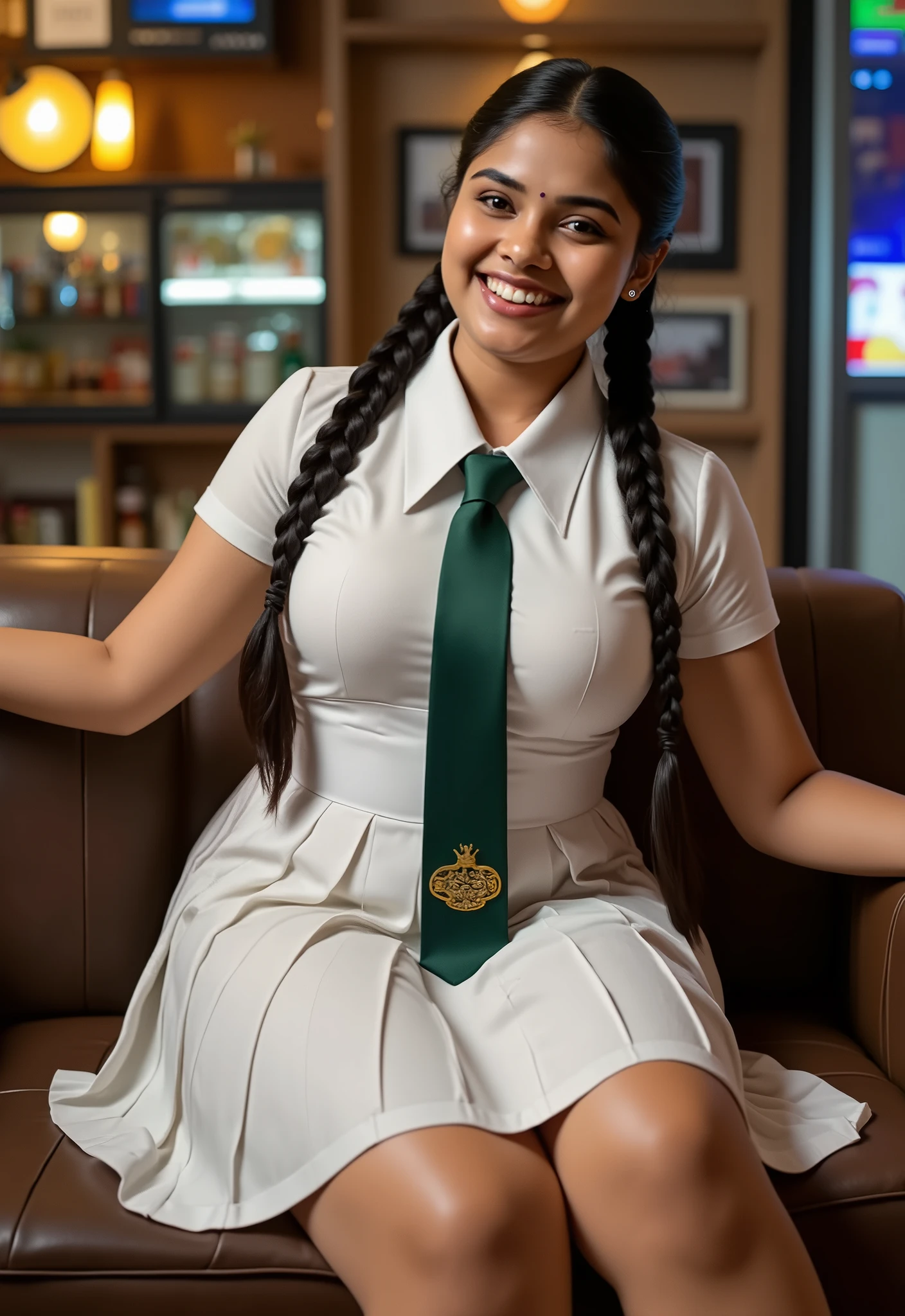A beautiful, cute, tall plus-size curvy busty Sri Lankan school girl, 20 years old, with large breasts, wearing a shimmering, haphazardly colored, metallic-finished white frock and a dark green tie made of tissue silk or organza, featuring a deep cleavage reminiscent of the Indian Ullu web series, showcasing her large, curvy butt, plus-size curved busty figure, stunning navel, and giant breasts. She has plaits, black braided long hair, beautiful feet, correct anatomy, brown skin tone, and sweaty skin, with thighs exposed, posing in a nightclub, beaming with happiness in a better pose, full body view, leaning back on a sofa, cross-legged, inspired by Indian bhabhi, Pornhub, and Brazzers, exuding intense sexual pleasure.