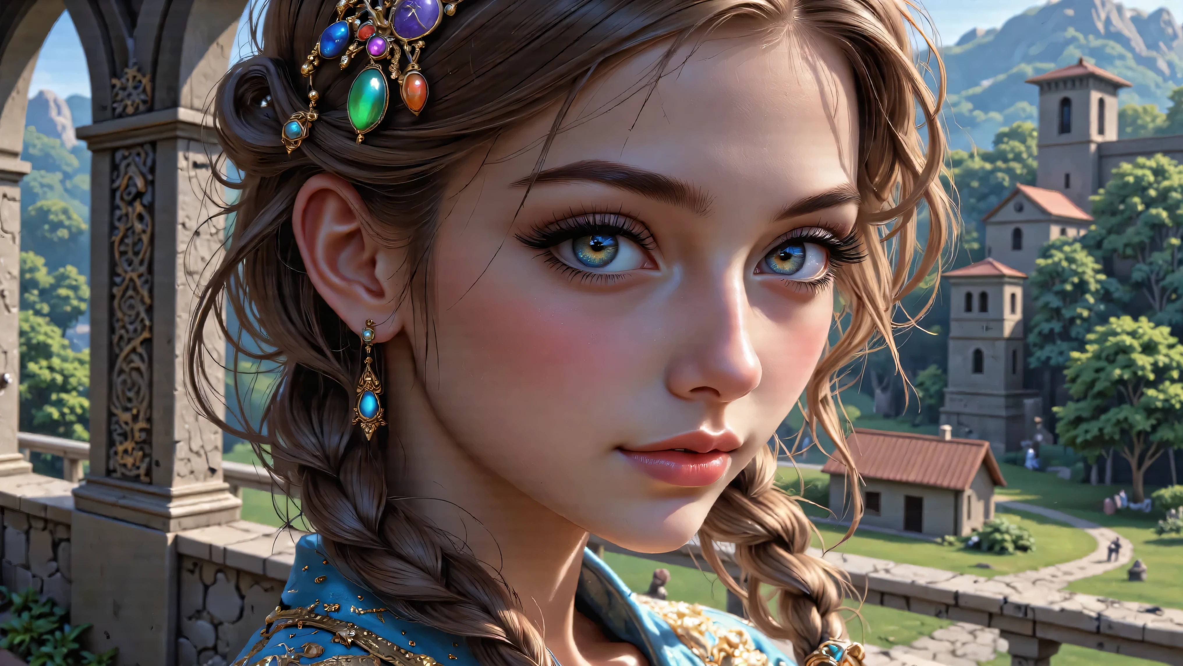 Masterpiece, Hi-detailed, best quality, 8K, (realistic), (Middle ages), ((single girl, solo, only one girl)), (cowboy shot), (close up), standing, ((servant girl)), (slave girl), ((loli)), ((makeup)), ((long eyelashes, mascara, eyeliner)), ((girl standing looking out of the window)), ((welcoming you home, excited for you)), (wanting to embrace you), ((cute, young, yr)), (tall and lanky), (Skinny), (thin frame), (fit, body), (feminine body), (small braids in her hair), (small breasts, round breasts), ((peasant clothes)), ((extremely revealing)), cleavage, beautiful, perfect face, perfect body, large eyes, blue eyes, standing looking at a beautiful vista, Middle Ages, Fantasy,