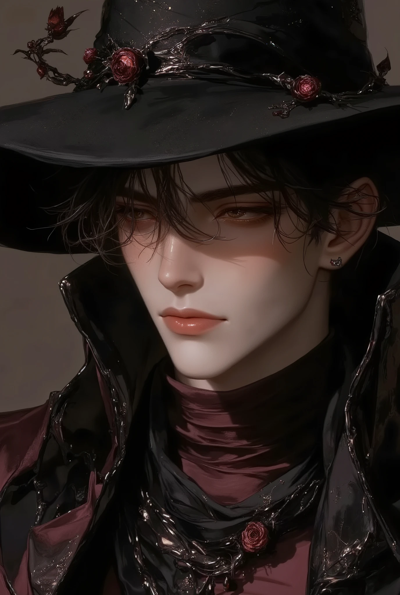 A hyper-realistic close-up portrait of an extraordinarily handsome man with a mysterious aura, inspired by the symbolism of black magic roses. His eyes are a striking, deep onyx black with subtle flecks of crimson and garnet, reminiscent of the dark, velvety petals of Blacknight Hollyhocks. They are almond-shaped, glowing with intensity and depth, framed by thick, naturally arched lashes that enhance their hypnotic effect. His gaze is both enigmatic and captivating, exuding quiet confidence and charm.
His face is perfectly structured, with sharp cheekbones and a well-defined jawline that conveys strength and masculinity. His skin is a warm, deep bronze with soft undertones of gold, creating a radiant glow under the moody, dramatic lighting. His nose is slightly aquiline, with a straight bridge and finely sculpted nostrils, adding a regal elegance to his features. His lips are full and well-defined, with a soft, natural maroon tint that mirrors the bold tones of the Hollyhock’s petals, slightly parted in a

He wears an eerily detailed black wizard's robe, embroidered with glowing patterns of thorny vines and black roses along the edges. The hat, wide-brimmed and slightly tattered, adds a touch of foreboding charm, with a subtle rose motif etched into the fabric. Beneath the robe, he wears an old rose pink turtleneck, its muted, dusty hue contrasting with the darkness of his attire and symbolizing faded love and mysterious beauty.

The textures of his clothing range from soft velvet and shimmering silk in the robe to the ribbed knit of the turtleneck, creating a rich, tactile contrast. The symbolic black magic roses entwined through his design evoke mystery, power, allure, and danger. Thorns symbolize resilience and hidden pain, while the velvety petals represent the seductive allure of secrets cloaked in shadows.

The background is a blurred, plain dark brown, designed to fade into subtle obscurity and enhance focus on the character. The simplicity of the background 