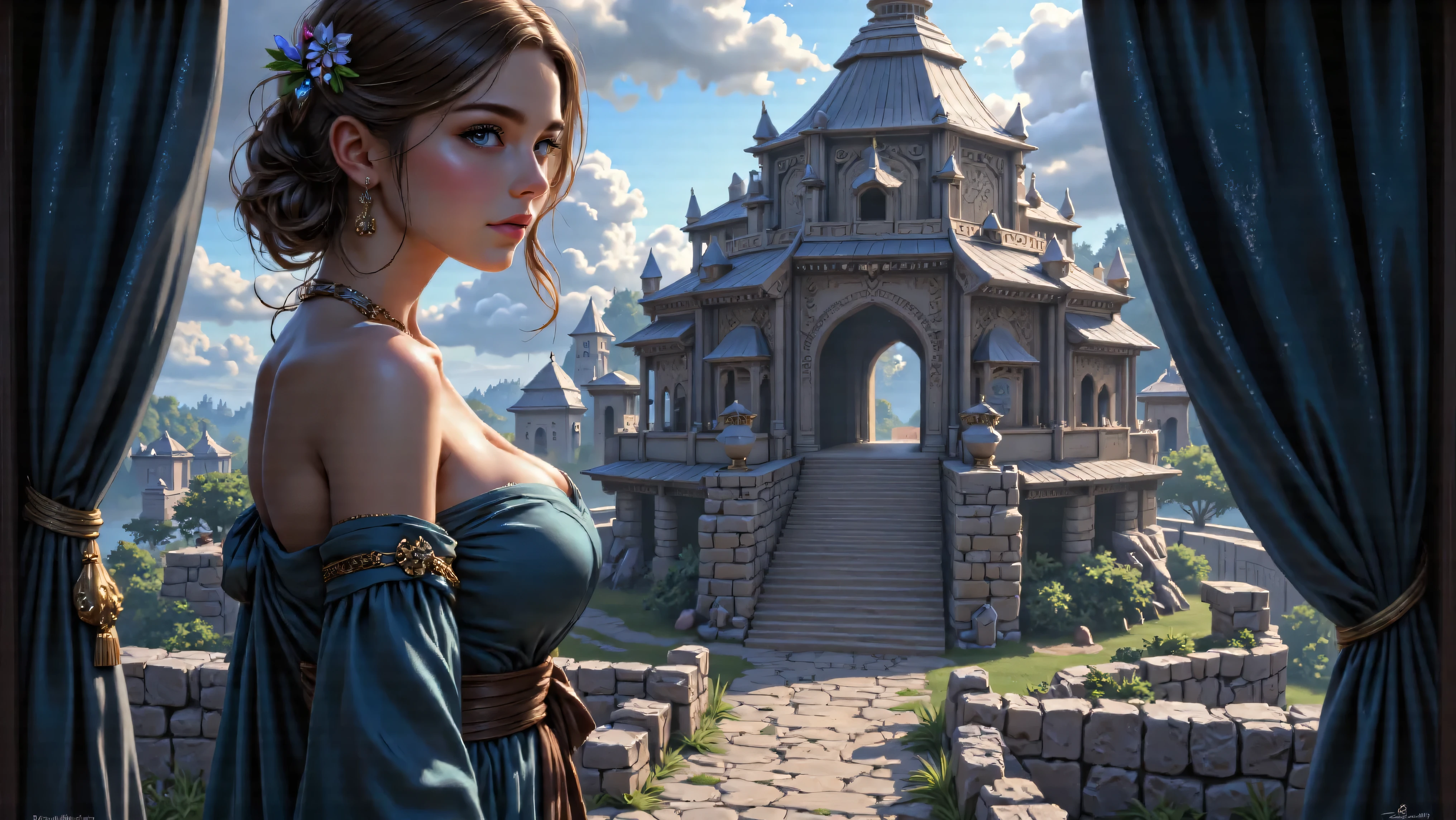 Masterpiece, Hi-detailed, best quality, 8K, (realistic), (Middle ages), ((single girl, solo, only one girl)), (cowboy shot), (close up), standing, ((servant girl)), (slave girl), ((loli)), ((makeup)), ((long eyelashes, mascara, eyeliner)), ((girl standing looking out of the window)), ((welcoming you home, excited for you)), (wanting to embrace you), ((cute, young, yr)), (tall and lanky), (Skinny), (thin frame), (fit, body), (feminine body), (small braids in her hair), (small breasts, round breasts), ((peasant clothes)), ((extremely revealing)), cleavage, beautiful, perfect face, perfect body, large eyes, blue eyes, standing looking at a beautiful vista, Middle Ages, Fantasy,