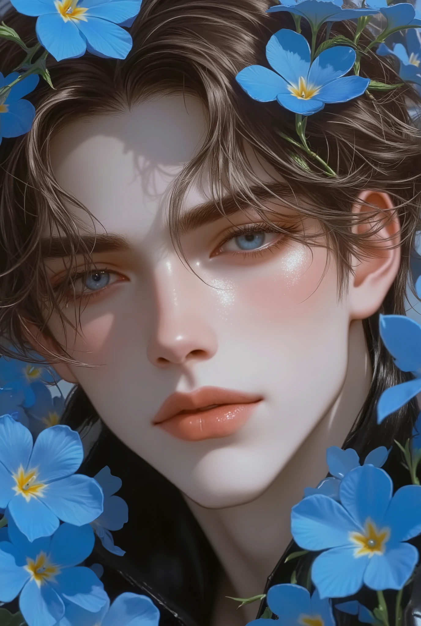 (photorealism:1.2), A hyper-realistic close-up portrait of an extraordinarily very cute handsome early 30 years old. man inspired by the vibrant beauty and enduring symbolism of Blue Alpine Forget-Me-Nots, representing loyalty, faithfulness, and everlasting love.
His eyes are a stunning, deep azure blue with soft hints of icy silver, echoing the vivid petals of the Forget-Me-Nots. They are almond-shaped and intensely expressive, exuding sincerity and warmth, framed by dark, naturally arched brows that add a hint of mystery and refinement. His gaze is captivating, as if filled with an eternal promise of love and devotion.
His face is perfectly proportioned, with a strong yet gentle jawline that conveys strength and tenderness. High cheekbones are softly defined, adding a sense of elegance and timeless beauty to his features. His nose is straight and delicately refined, harmonizing with his other features, while his lips are full and inviting, with a natural blush-pink hue. His slightly curved smile exudes quiet confidence and heartfelt sincerity, as if he holds unspoken words of devotion.
His hair is styled in a volume softly layered, windswept look, with natural waves that flow effortlessly, giving an air of freedom and connection to nature. The strands are a cool ash brown with shimmering silver-blue highlights that catch the light, mirroring the tones of alpine skies and the petals of Forget-Me-Nots. The hairstyle is both refined and carefree, reflecting the enduring spirit of the flowers.
Surrounding him are clusters of Blue Alpine Forget-Me-Nots, their striking azure petals with golden centers forming a gentle frame around his face. The delicate blooms appear to cascade softly, symbolizing unwavering connection and eternal love. The vibrant flowers contrast beautifully with his glowing complexion, adding depth and emotion to the scene.
The background features a serene alpine meadow, softly blurred, with hints of snow-dappled peaks and lush greenery under a clea