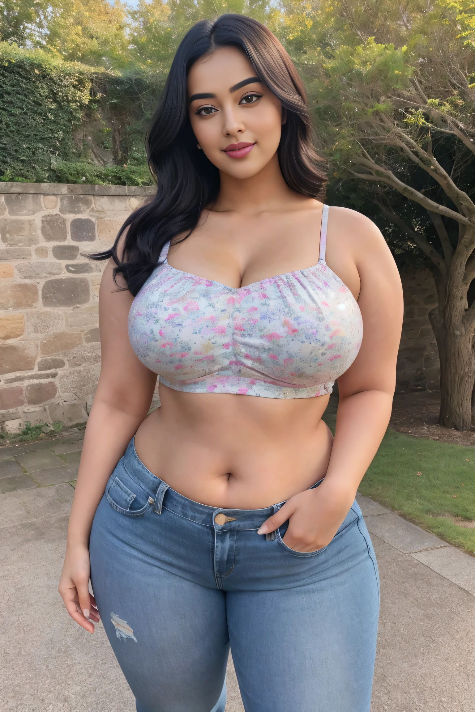 ((Best Quality, 8K, Masterpiece: 1.3)), Chubby woman smile ((best quality)), ((masterpiece)), (detailed), perfect face, USA woman fat in a dark-blue shirt and blue denim skirt walking down a street, thicc, she has a jiggly fat round belly, bbwchan, wearing tight sexy clothes, skinny waist and thick hips, widest hips, her belly is fat and round, soft curvy shape, hyperrealistic full figure, wearing a cute top, wide hips, cropped shoulders,Bare belly,(big assa:0.7),show legs,, thicc, beautiful thick female, beautiful curvy female,, Tall and tall,clear curvy details, curvy hourglass figure, alluring plus sized model, bbwchan, Voluptious body, Curvy model, Curvy body, Be red in the face, 1girll fat , a matural female, A MILF, the golden ratio,(Kpop idol),(Oil skin:1.2),(Oil skin:1.1) background High quality, HD, realistic, HDR. mountain refuge in grey stone, blends into the panoramic view of the mountain, spring landscape (green and flowery), edelweiss, lake, stream that winds, sunset, cool breeze. welcome mountaineers and hikers.