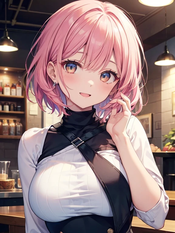 yuigahama yui, short hair, Brown eyes, Pink Hair, Single bun hair,
One girl,
View Viewer,
(masterpiece:1.2), highest quality, High resolution, unity 8k wallpaper, (Beautiful and beautiful eyes), Highly detailed face, Perfect lighting, Highly detailed CG, (Perfect hands, Perfect Anatomy),
blush, smile, Open your mouth,
(Huge breasts, Focus on the chest),
Upper Body,
Black turtleneck,
Cafe Background, Blur the background,