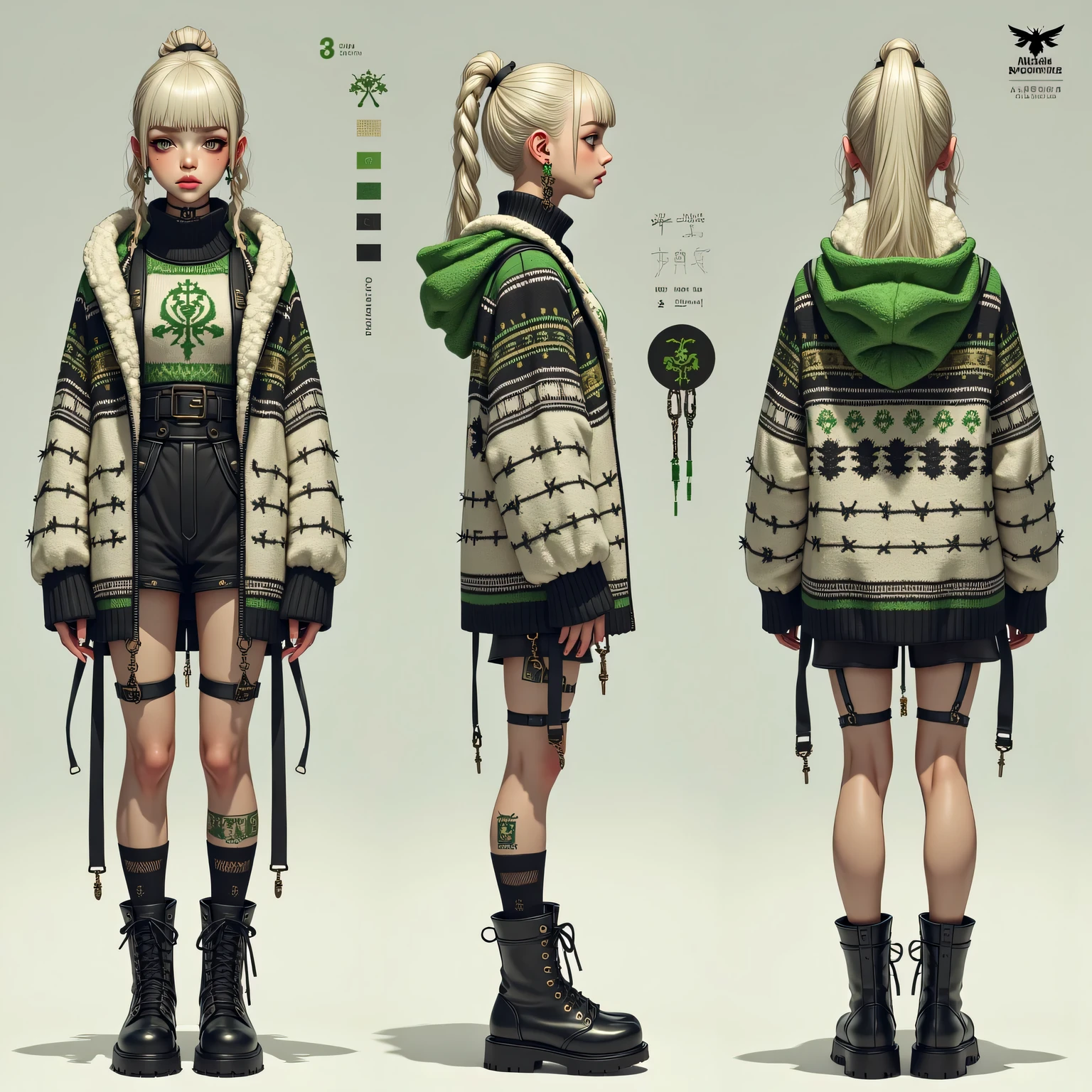  Woman Wearing a Character Design Sheet  、 ((  Girl's 3D Figure 、  clear  _Front  :side:  rear view))、  full body portrait  、  Cowichan Sweater Knitted with Thread  、 Black Pattern Costume  、green 、［ Jacket configuration  ：  Full Barb Wire Design  、  Extra Thick Yarn Jacket  、White ribbed 、］、  Braided Setting for All Outfits 、  Intricate Knitting Patterns  , ,  very detailed,Emo Girl 、

