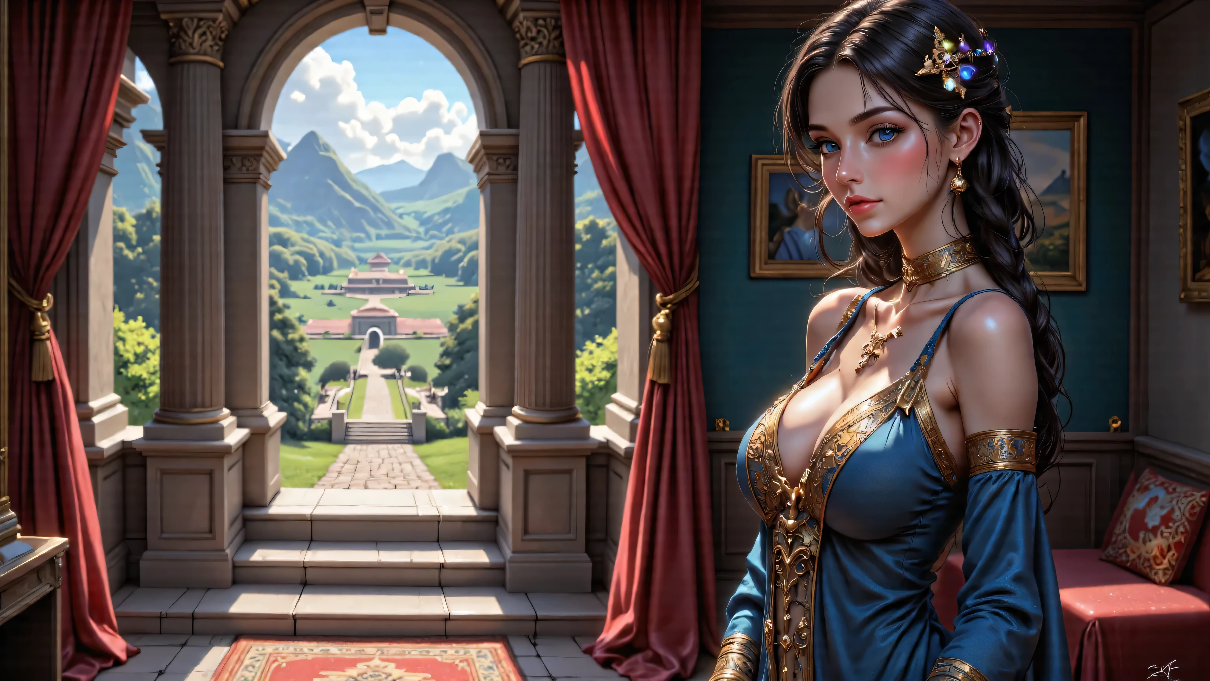 Masterpiece, Hi-detailed, best quality, 8K, (realistic), (Middle ages), ((single girl, solo, only one girl)), (cowboy shot), (close up), standing, ((servant girl)), (slave girl), ((loli)), ((makeup)), ((long eyelashes, mascara, eyeliner)), ((girl standing looking out of the window)), ((welcoming you home, excited for you)), (wanting to embrace you), ((cute, young, yr)), (tall and lanky), (Skinny), (thin frame), (fit, body), (feminine body), (small braids in her hair), (small breasts, round breasts), ((peasant clothes)), ((extremely revealing)), cleavage, beautiful, perfect face, perfect body, large eyes, blue eyes, standing looking at a beautiful vista, Middle Ages, Fantasy,