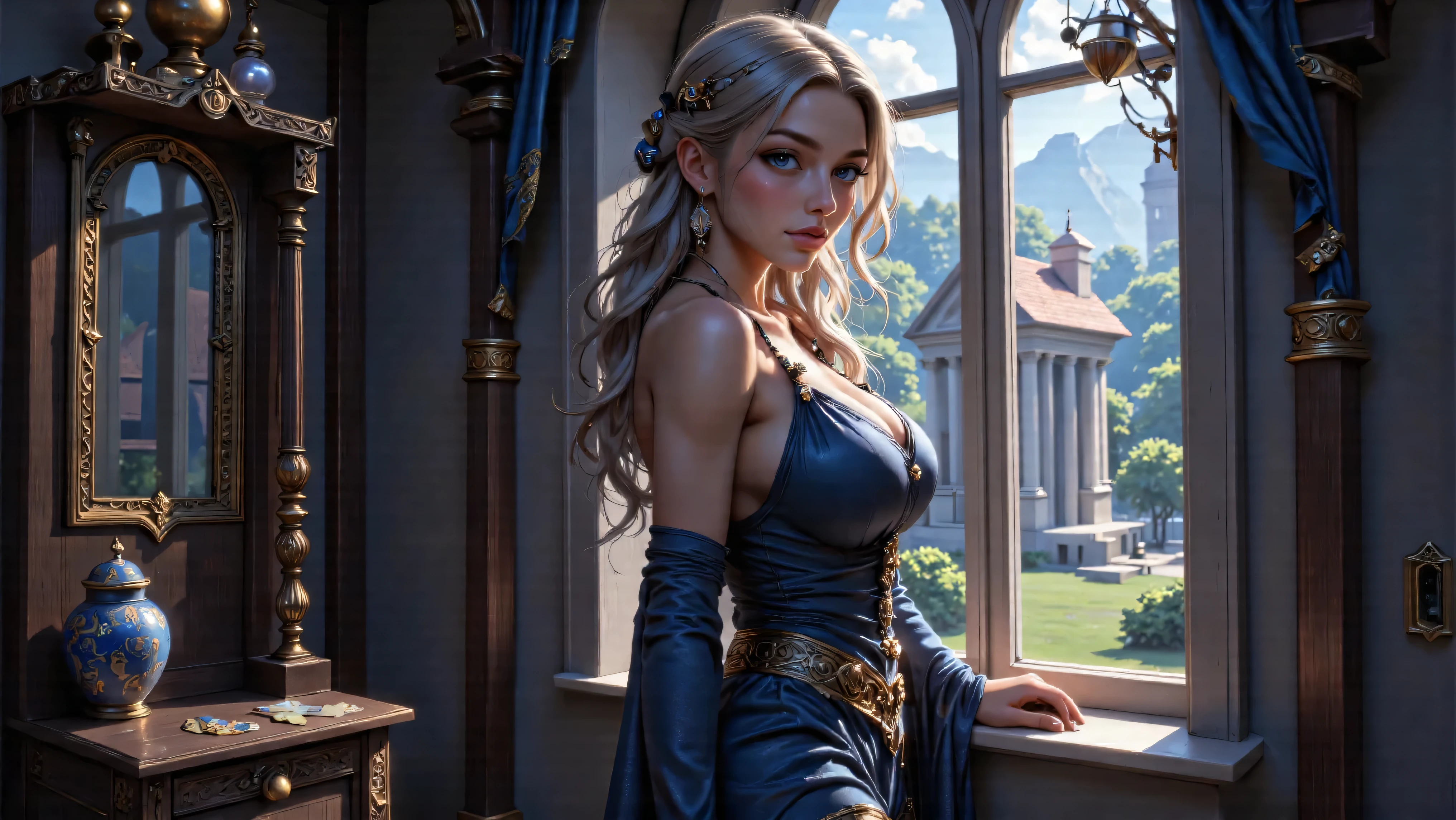 Masterpiece, Hi-detailed, best quality, 8K, (realistic), (Middle ages), ((single girl, solo, only one girl)), (cowboy shot), (close up), standing, ((servant girl)), (slave girl), ((loli)), ((makeup)), ((long eyelashes, mascara, eyeliner)), ((girl standing looking out of the window)), ((welcoming you home, excited for you)), (wanting to embrace you), ((cute, young, yr)), (tall and lanky), (Skinny), (thin frame), (fit, body), (feminine body), (small braids in her hair), (small breasts, round breasts), ((peasant clothes)), ((extremely revealing)), cleavage, beautiful, perfect face, perfect body, large eyes, blue eyes, standing looking at a beautiful vista, Middle Ages, Fantasy,
