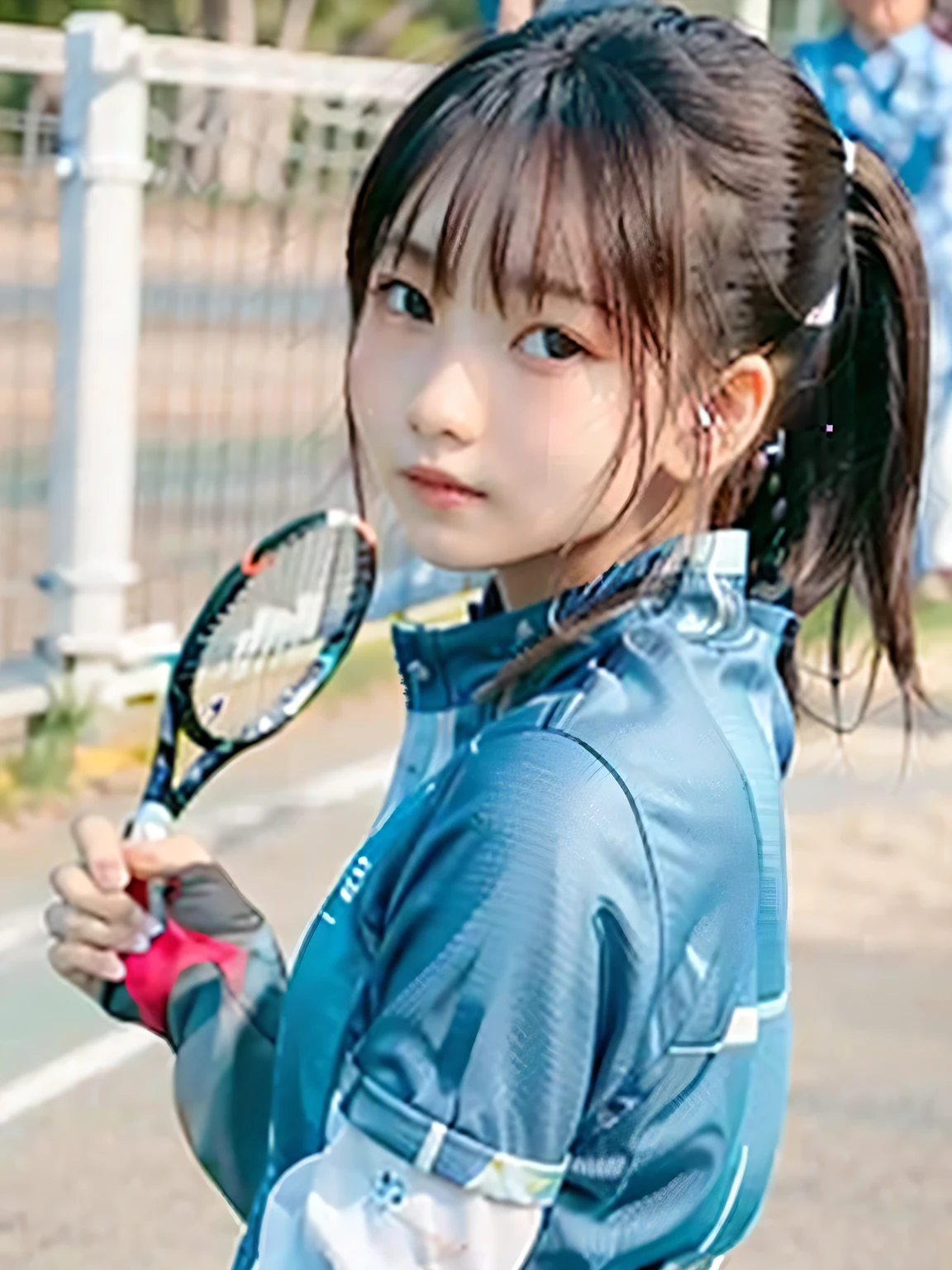 A young female tennis player dressed in a sleek blue tennis outfit stands ready, with her white undergarments visible. gripping her tennis racket with both hands in a poised and focused stance. The sunlight highlights the crisp lines of her attire and the polished strings of the racket. Her determined gaze locks onto an unseen opponent, exuding confidence and anticipation. The lush green grass of the tennis court extends into the distance, framed by a clear blue sky. This dynamic scene captures the perfect blend of elegance, power, and athletic prowess, showcasing her readiness to strike with precision and grace. smiles gently, FRIENDLY. ( RAW photos , top quality ), ( realistic , photo- realistic :1.4), masterpiece, extremely delicate and beautiful, extremely detailed, 2k wallpaper, amazing on the beach, Detailed description, extremely detailed CG unity 8k wallpaper, ULTRA DETAIL, high res, Soft light, beautiful detailed girl looking back, extremely detailed eyes and face, beautiful detailed nose, beautiful detailed eyes, cinematic lighting, Perfect , slender body.