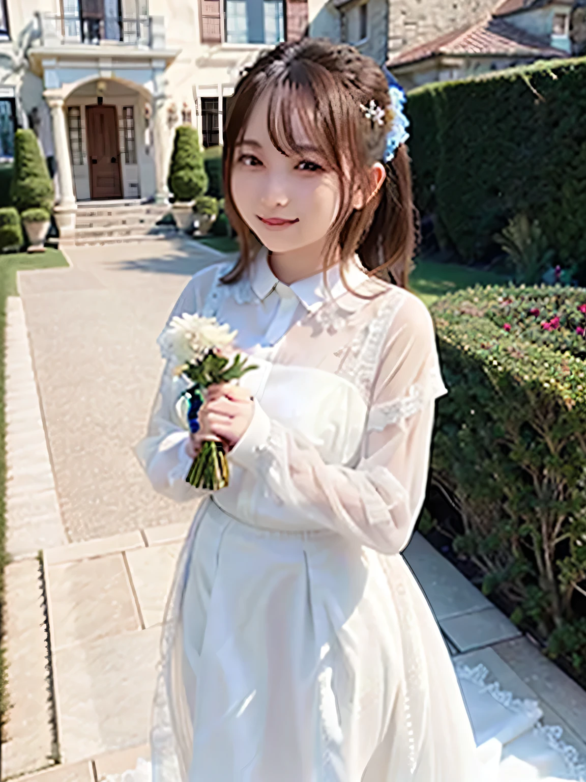 A stunningly beautiful 20-year-old woman standing in the courtyard of a luxurious mansion under a clear blue sky. She is wearing a white and blue wedding dress and holds a red bouquet with both hands in front of her chest. She looks very happy, with a radiant and joyful expression.