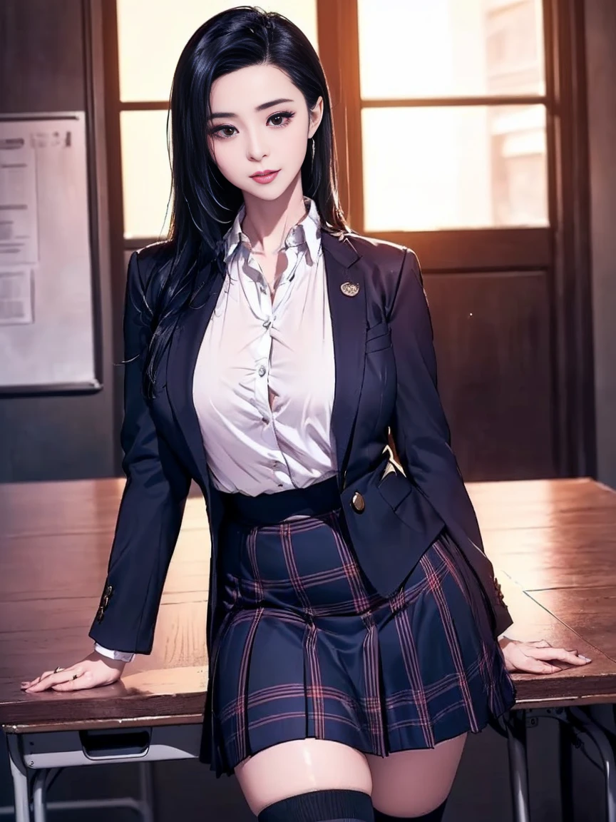 Top quality, high image, 1 woman, 18 years old, school stairs, black jacket, Medium breasts,white blouse,(plaid miniskirt), white panties,upskirt from below