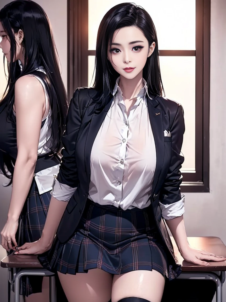 sakuyarindou768 (Wearing business outfit,formal jacket,neck tie, tie,white shirt, skirt, heels,High waist Skirt)( big perfect round breasts,hourglass body, thin waist,btpt-fc,Photo realistic, (hyperrealistic:1)beautiful, masterpiece, best quality, extremely detailed face, perfect lighting,detailed eye makeup, detail face, nice detailed eyes,nice hands, perfect hands (realistic pupils,realistic iris:1) heavy eye makeup,gray hair,long hair,bue eyes, (working at a restaurant, background restaurant)