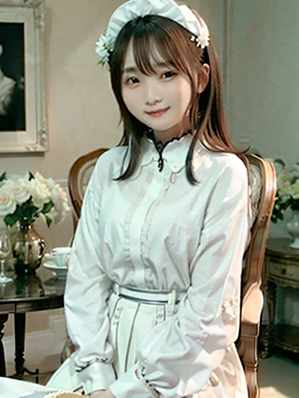 Depict a 20-year-old, very beautiful woman in a luxurious mansion room. She is dressed in a classic black-and-white maid outfit with a short hem and wearing a white brim cap. Her expression is confident, and she is smiling warmly. The setting includes elegant furnishings and decor typical of a grand estate, with soft, natural lighting to enhance the sophisticated atmosphere.