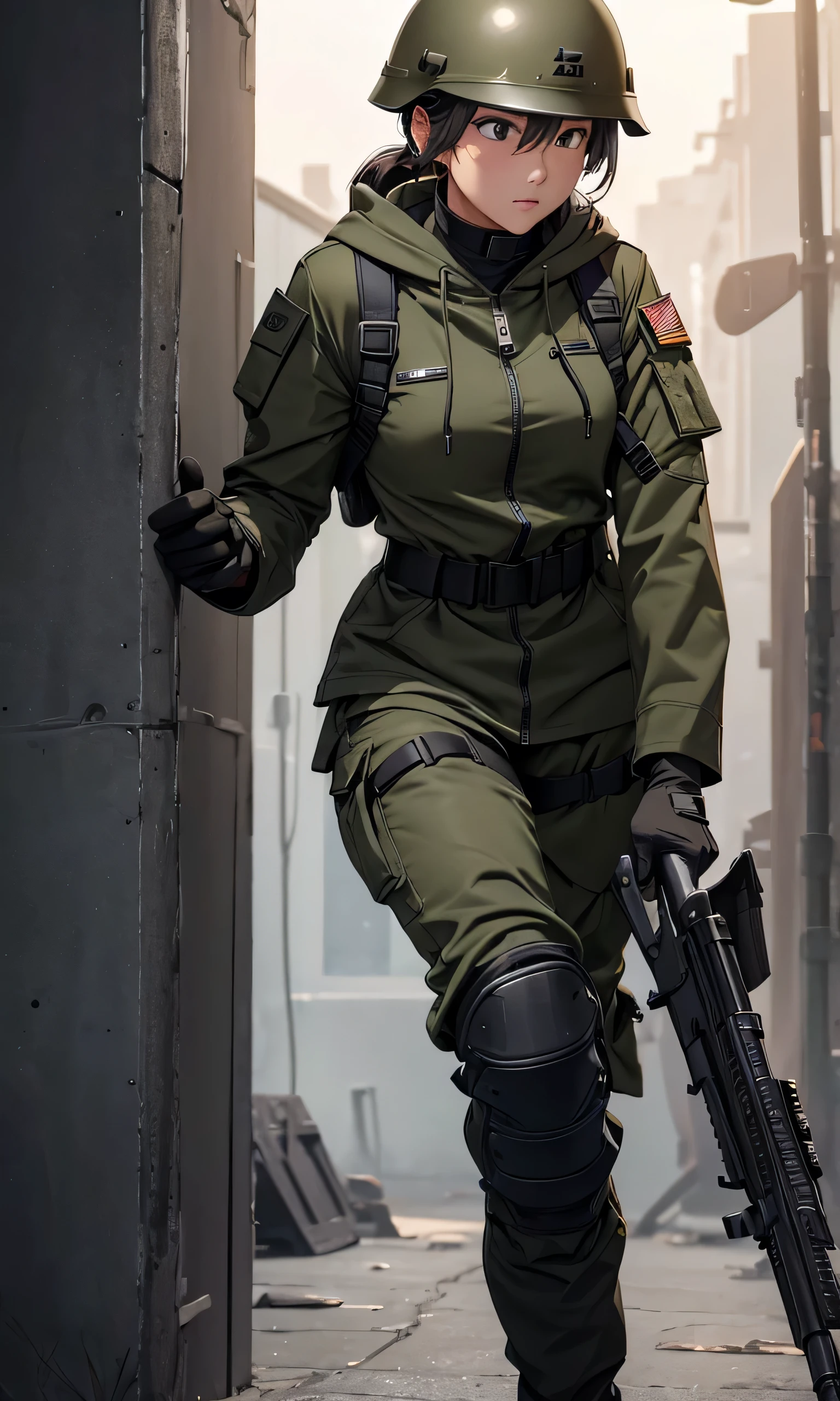 (masterpiece, best quality:1.2), mara (call of duty), 1girl, solo, black hair, gloves, scarf, tattoo, military, breasts, holster, pants, load bearing vest, umbrella, cloud, sky, sunlight, light rays, architecture, outdoors, sunbeam, cloudy sky, east asian architecture, day, blurry, scenery, torii