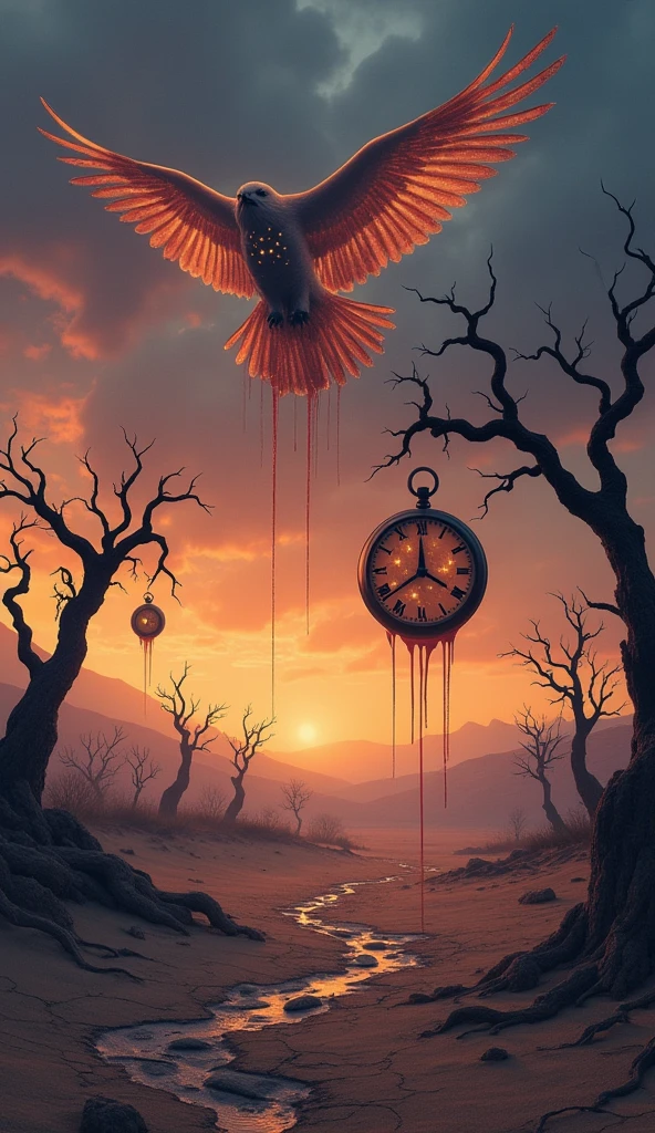 Surreal Scene, Melted clocks hang from dead trees, pigeons fly out of cloud closets, bat umbrellas and sewing machines, suns with faces spread flat on the ground, Surreal World, 