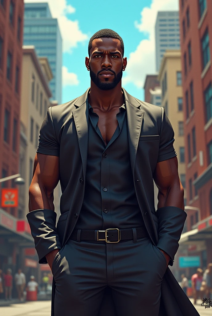Male, muscular, brown skin, short blonde hair, dark suit pants, shirtless, city background, night, in a dark alley, realistic, 8k, Unreal Engine, highly detailed, octane rendering,
