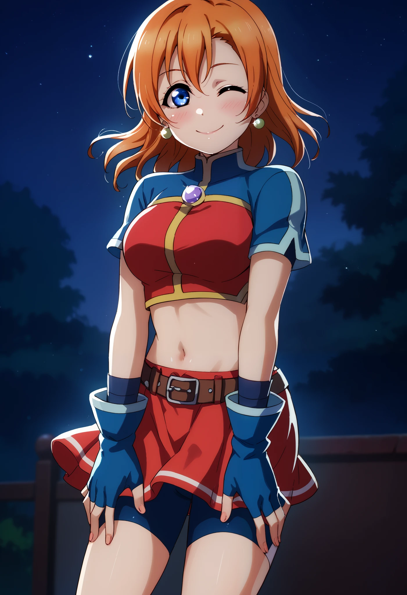 anime style, love live,kousaka honoka , love live, blue eyes, orange hair,earrings, (blushing:1.2) , standing, blue sleeves, pearl (gemstone), short sleeves, red top, belt, fingerless gloves, navel, red skirt, biker shorts, slightly smile, Chinese place, night, dynamic lighting, detailed shading,solo,1girl, dynamic angel of view, medium hair,wink,big breasts, hands on thighs