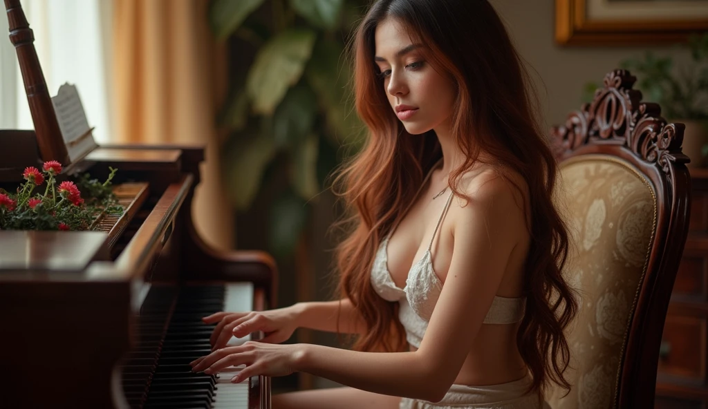  who plays the piano in a dark room,softshadows,Romantic music,beautiful detailed fingers,best quality,shunlight,grumpy atmosphere,surrounded by candles,grand piano,Flowing dress,smooth and passionate playing style,black and white color tones,vintage feel,warm and intimate lighting,funny posture.