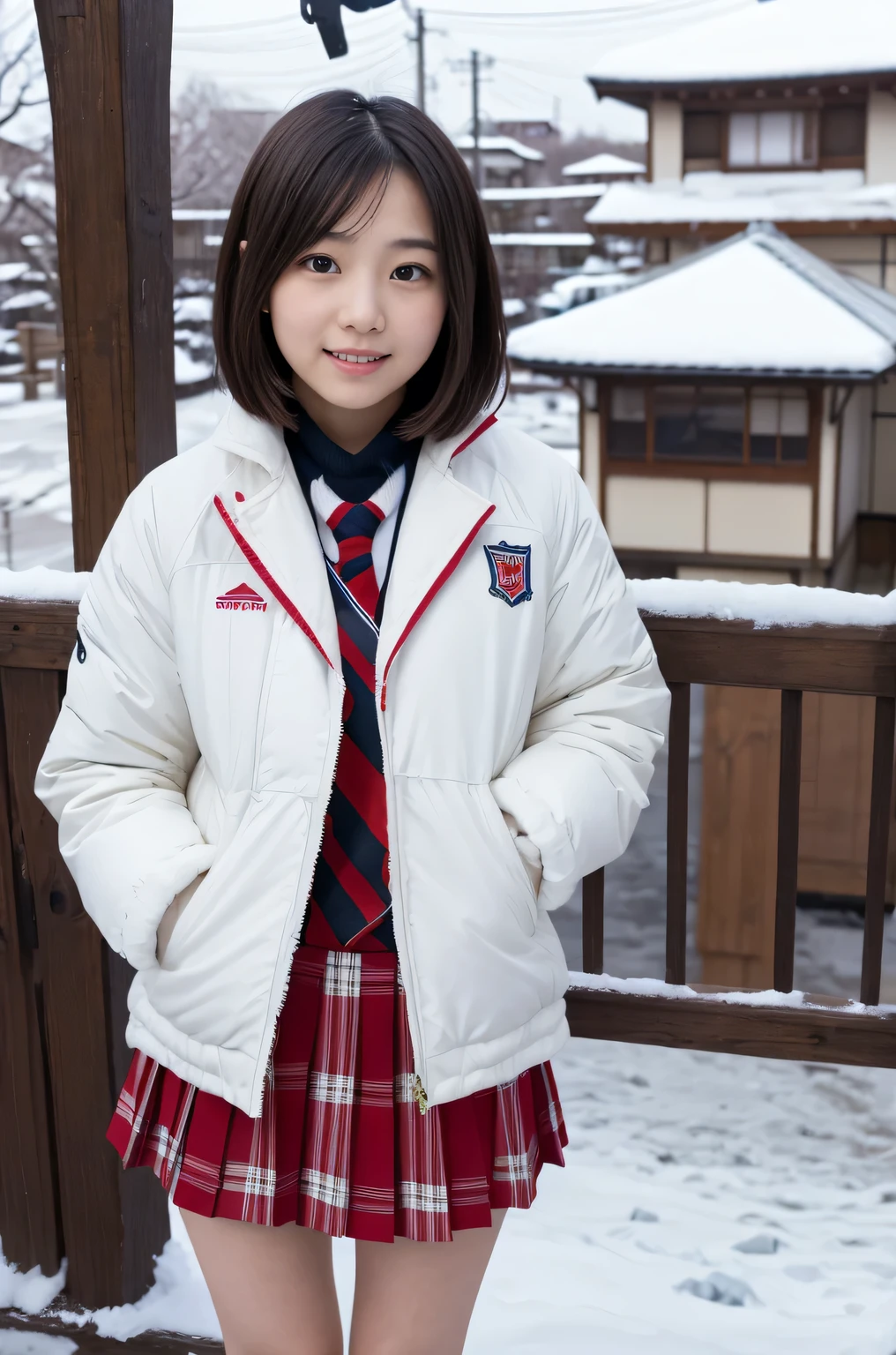 Japanese female elementary school student, belly button exposed, shoulders exposed, sweet expression, winter, Kluane National Park, Canada, snowy field