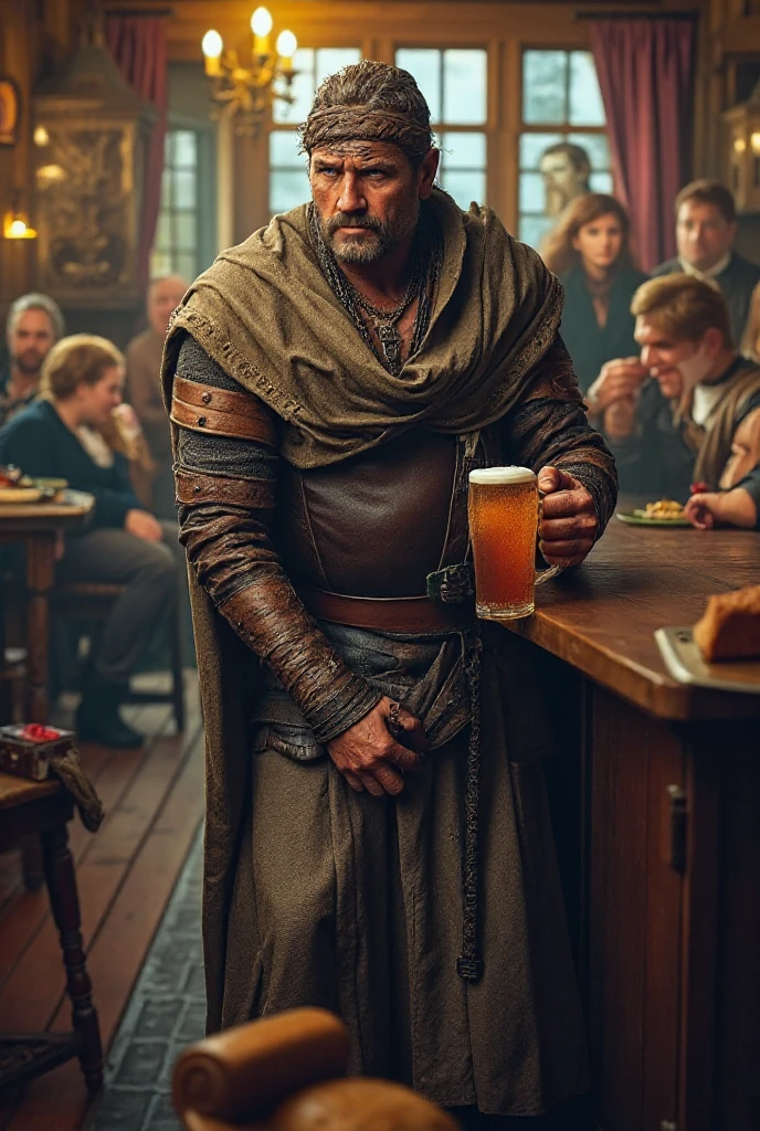 A photo of The Hound sitting at a tavern, drinking from a tankard of ale,Game of Thrones,The Hound from Game of Thrones