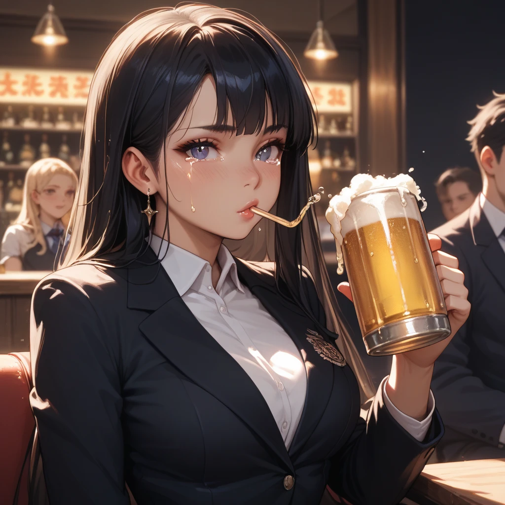 first-person-view, (masterpiece:1.3), high resolution, ultra detailed, extremely detailed CG unity 8k wallpaper, realistic, photo-realistic, RAW photo, beautiful detailed face, pale skin, realistic glistening skin, detailed cloth texture, detailed hair texture, Perfect body, Beautiful Face, accurate, Anatomically correct, Highly detailed face and skin texture, natural neck length, (beautiful hands), (fair skin:1.2), Thin legs, Thin feet, Well-aligned teeth,
BREAK,
Detailed eyes, symmetric eyes, Light Brown eyes, Double eyelids, Thin eyebrows, (Glossy lips:1.4), (very happy smile:1.2), (blush:1.1),
BREAK,
(A Classy and Cute girl:1.3), (wearing a Purple button shirt:1.2), (Wearing a Navy long pencil skirt:1.2), close the button, (long skirt),
medium breasts, (slender figure:1.1), firm abs, beautiful clavicle,
(Dark blonde hair, wavy hair, long hair:1.2), ((asymmetrical bangs:1.2)),
BREAK,
(On the table, (there are yakitori, French fries, salad, and 'takoyaki' ):1.2), ((Holding a medium beer mug and toasting with cheers:1.3)),
(Sitting on the chair:1.1), (in the outdoor 'Biergarten' of Japan at night)), (night), (night), (night), (Cowboy shot:1.2), looking at viewer, view from slightly below,