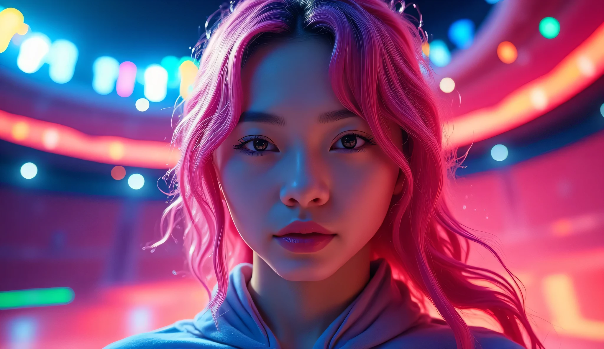 A cinematic close-up of a rainbow-haired 18-year-old Japanese girl.100 years in the future, neon, cyberpunk, 8K, high-definition cinematography.high school girl with rainbow hair, sweatshirt, headphones,
She executes a stunning turn to evade her opponent, unleashing a powerful shot. The fisheye lens tracks the ball’s trajectory, capturing the stadium in a slow-motion gasp.