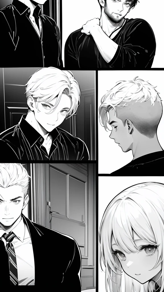 (((Masterpiece, high resolution, Top Quality 、 It accurately represents the face )))、 ( Black and White、A comic where a handsome man makes you happy in 3 scenes)