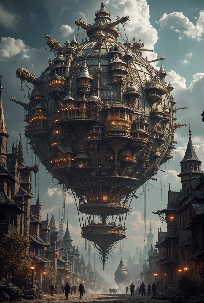 ( best quality ,4K,8k, high resolution,Masterpiece:1.2), ( A crazy medieval European marketplace that combines fantasy steampunk and steelpunk.。The world's coolest pirate ship-like building with balloon-shaped rooms is a chaotic multi-layered structure. )Cobblestones。(brass、 make sure to draw a giant city with lots of metal propellers , metallic balloons 、 balloons with lots of metal propellers 、Definitely draw ) (建物は青色をたくさん使ってDefinitely draw )( the coolest steampunk in the world 、 物理ベースのレンダリンG 。)night。illumination、ステンドGラス。 Ultra Details ,( realistic, Photo realistic, Photo realistic:1.37), Great Paintings , G , 物理ベースのレンダリンG , Extremely Detailed Explanation , professional , bright color,Bokeh,sci-fy,forest,