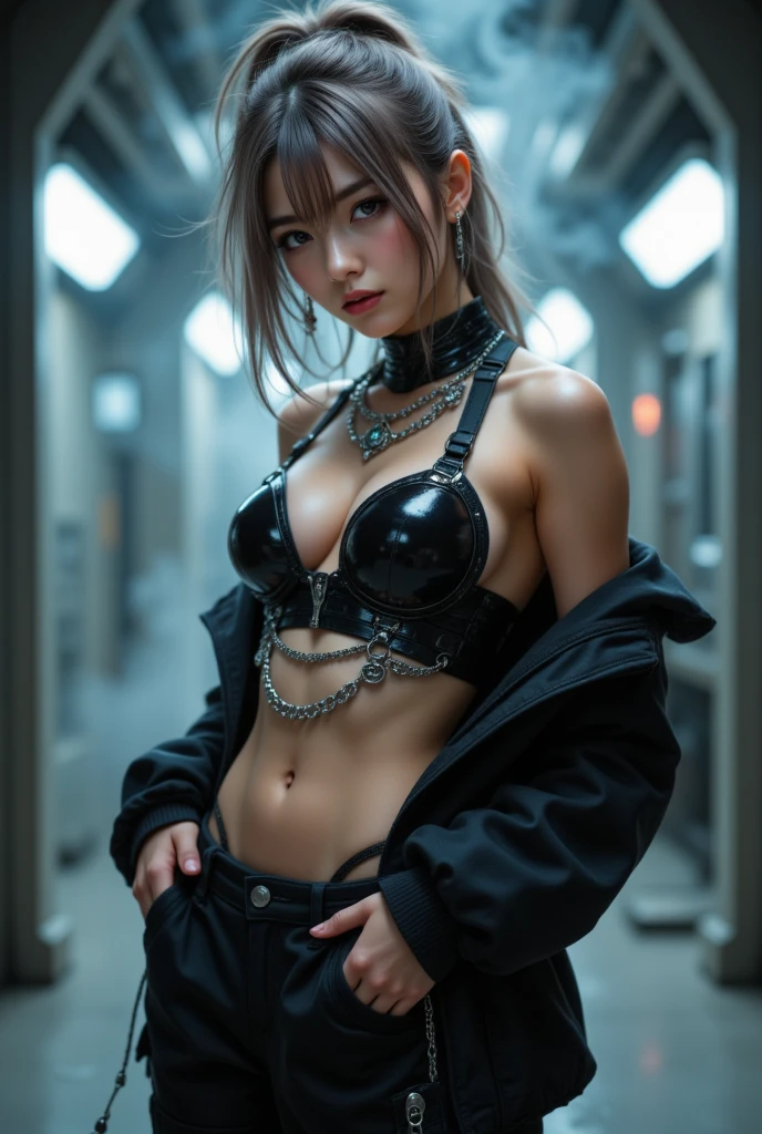 Tip Art Science Fiction Cyberpunk, Colorful color scheme, ((original photography:1.3))，Korean female star style, Bond Girl Character Design, musical style, Intricate clothing details，number, big eyes，Suspenders. [Scenes] background, Octane Rendering, Noise reduction details, Realistic textures, Movie, Gigapixels, Color Matching, decorate, Enhanced --V 5.1 --Original style-  