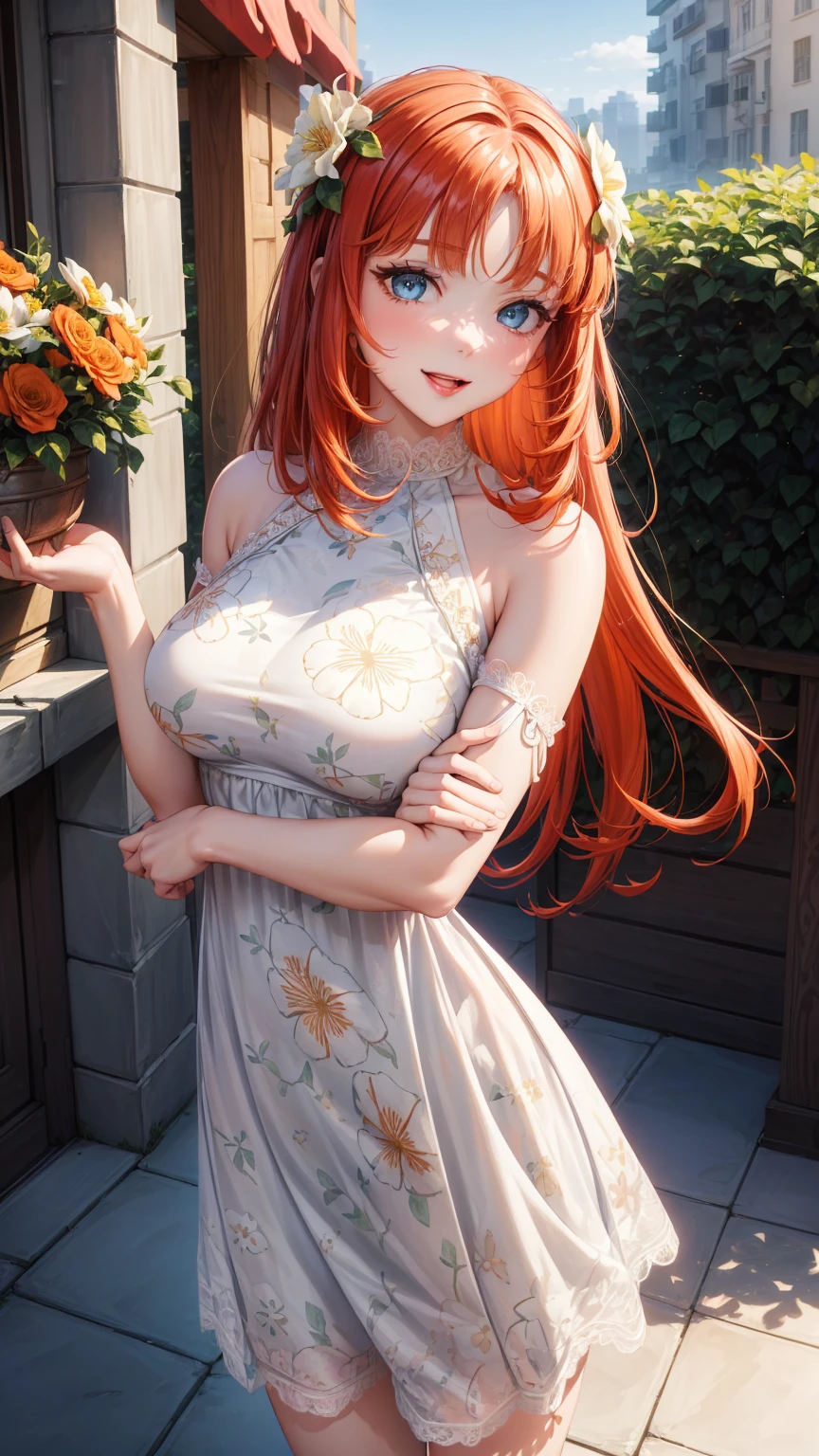 medium and round breasts, (1 mature girl), ((light red hair: 5.2, long straight style, symmetrical bangs)), Blue eyes, double eyelids, light effect in the eyes, Wide hips, white skirt dress, long sleeves, elegant, beautiful smile, shy, blush on the cheeks, ((sexy body)), Alone, Best Quality, Masterpiece, portrait, Flirting with the viewer, sensual pose, detailed, perfect anatomy, detailed art, High Definition, 4k, high resolution, garden, Grass, bouquet of flowers