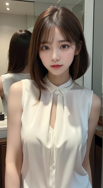 highest quality、masterpiece、ultra high resolution、8K、(real:1.4)、Beautiful woman1、Beautiful details of eyes and skin、light brown short cut hair、Among modern skyscrapers、Asahi、Multicolored dress shirt、