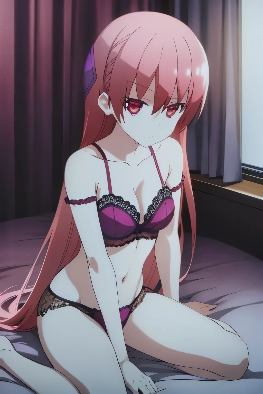 best quality, insanely detailed, nino nakano, breasts, blush, bed room background, bare-shoulder, a ribbon, stockings, pussy, smile, pink lingerie garterbelt, cheerful eye