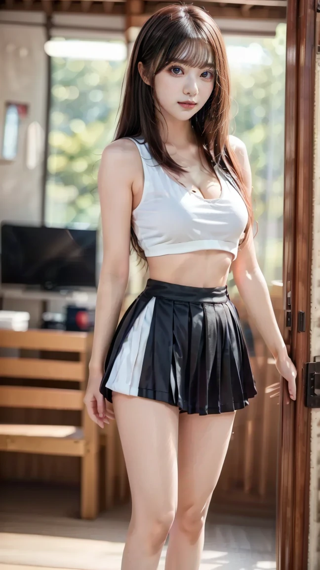 A woman dressed in a mini skirt and a top perched on her hips in bed with a naughty look 