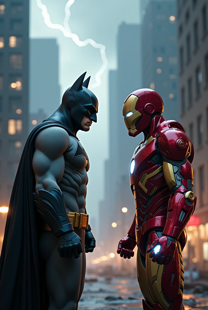 Batman fighting with Iron Man . destroyed city background . American drawing style 