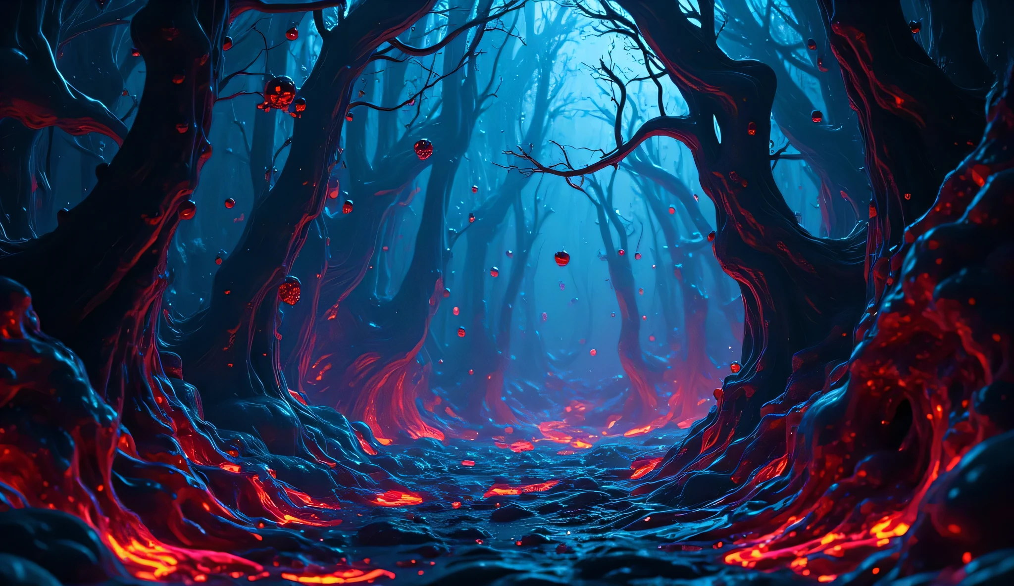 An ultra-realistic 8K cinematic image of a dense cybernetic forest where the trees have glowing, metallic bark and twisted, sinewy branches that resemble reaching hands. The ground is a patchwork of pulsating neon roots, and bioluminescent mist drifts eerily between the trees. Strange, mechanical insects with glowing red eyes flit through the air, their movements too fast to fully comprehend. The scene feels alien and hauntingly beautiful