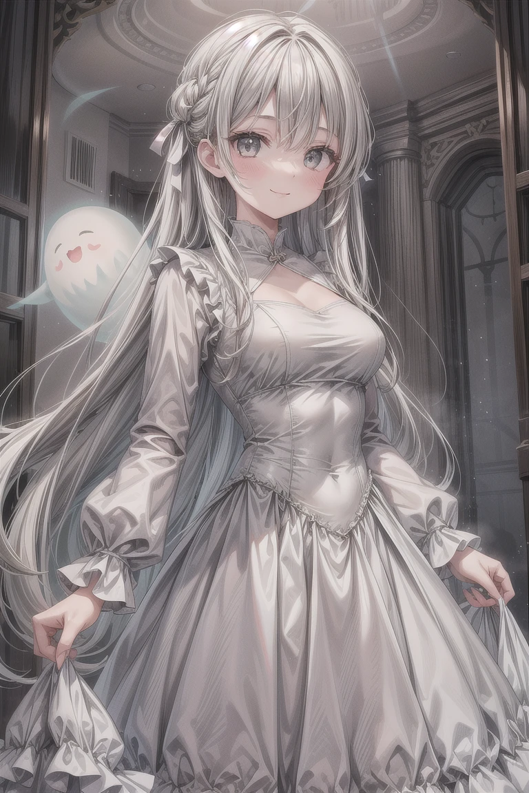 thick outlines, comics, photorealistic, perfect hands, masterpiece:1.2, creepy manor, haunted, dark manor, ghost, 1girl, solo, long tongue, tongue out, standing, <lora:Boosette_Mario_SDXL:0.8>, Boosette_Mario, long hair, white hair, long white dress, ballroom dress, white gloves, small breast, detailed background, detailed face, detailed eyes, <lora:add_detail:0.7>