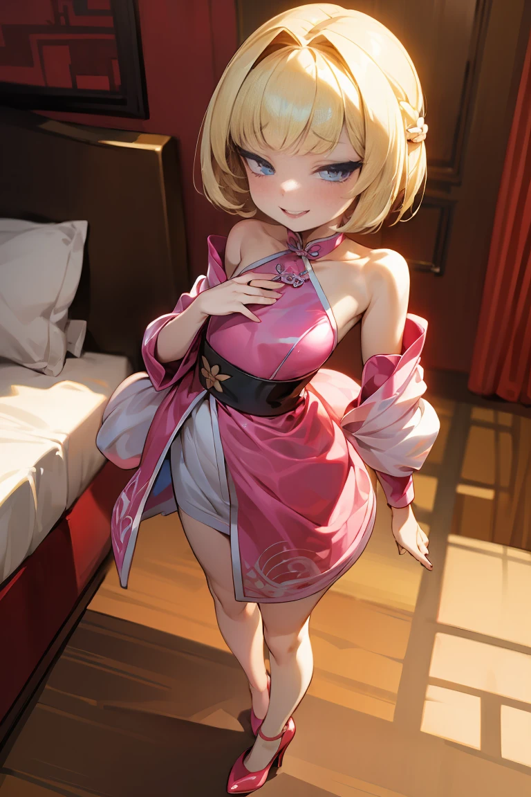 kneeling on the bed Wearing a pink cheongsam Nipples are visible Blonde ponytail