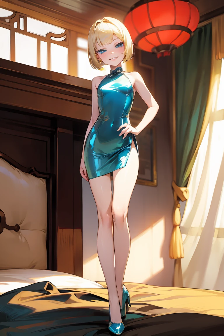 ((best quality)), ((masterpiece)), (detailed), perfect face, blonde woman, perfect body, red mini dress, full body