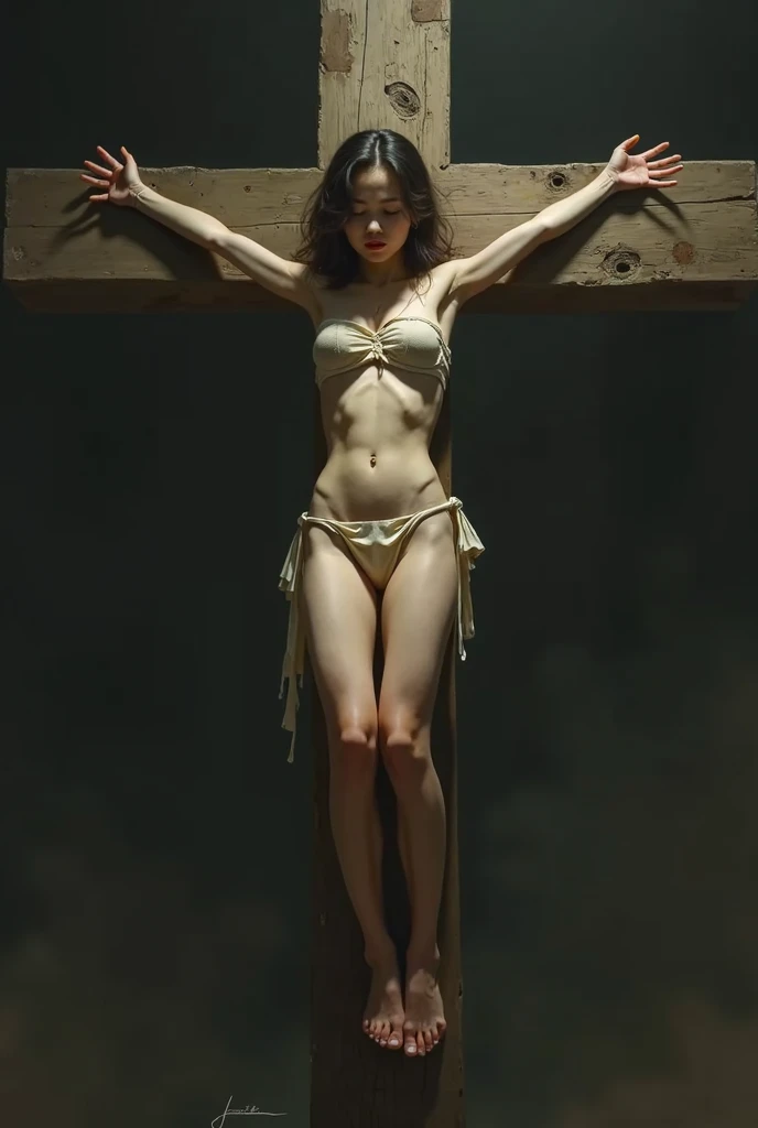 1 girl, realisitic, Raw photo, japanaese girl, (fullnude:1.9), (Beautiful and cute face:1.4), 18year old, bobhair, Black hair、(Crucifixion in the desert:1.8), (Binding hands and feet with barbed wire:1.5), not any dressed、(Burying a girl's body in the desert:1.2)