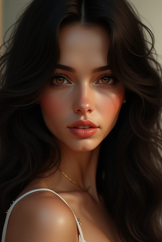 A stunning 3D render of a captivating portrait featuring a woman with striking features and a mesmerizing figure. She dons a chic outfit, her long messy hair style drawing attention to her expressive eyes. Delicate diamond earrings adorn her ears, adding an air of elegance. The painting masterfully blends minimalist abstract elements with traditional portraiture, utilizing a harmonious palette of beige, white, and black tones. The result is a sophisticated and captivating piece that is both modern and timeless, making it perfect for a gallery-worthy poster or painting., fashion, 3d render
