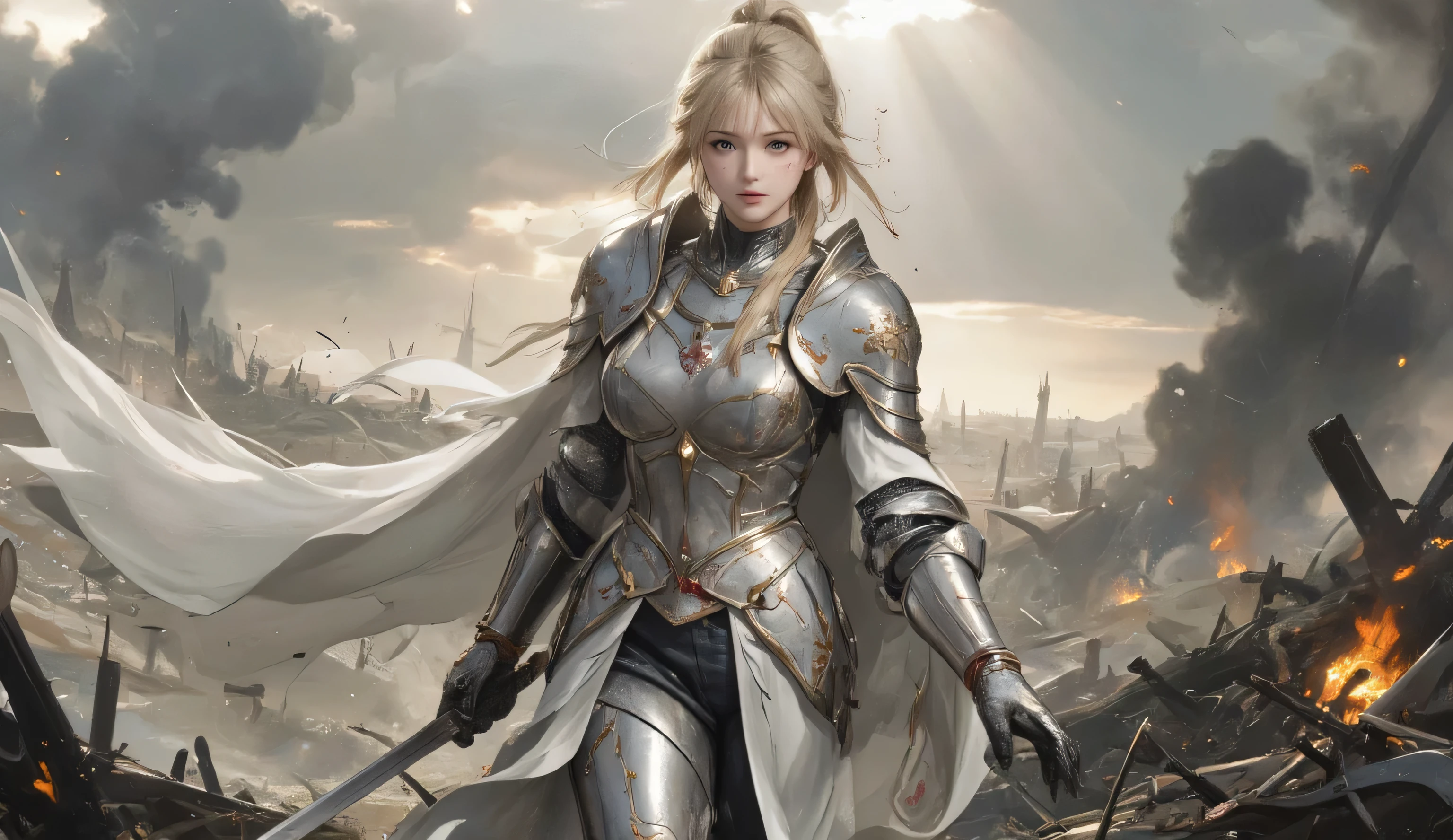 A female knight wearing silver armor, holding a sword in her right hand, walking towards the viewer. Her face shows traces of blood splatter, with a serious expression. She has straight blonde hair styled in a ponytail, giving the impression of a Sun Knight. The background is a battlefield, scattered with remnants of war like broken weapons and smoldering fire. Rays of sunlight pierce through the smoky sky, illuminating her figure dramatically. The armor has intricate designs resembling solar patterns, and her cape flows gently in the wind. The overall mood is intense and heroic, full body, medium breast.