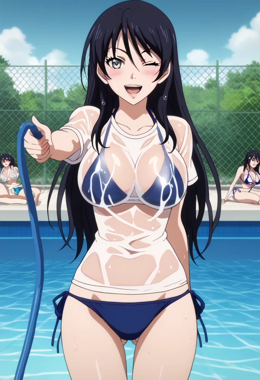 sword art online, yui, long hair, bangs, black hair, hair ornament, very long hair, high ponytail, blunt bangs, hime cut, brown eyes, masterpiece, best quality, anime screencap, tsuchimiya, competition swimsuit, black swimsuit, barefoot, bare legs, 1girl, solo, smile, open mouth, upper teeth only, round teeth, black one-piece swimsuit, full body, wet, high saturation, high contrast, outdoor, concept, bodybuilder, muscular female, alternate muscle size, muscle, standing, female water polo player, Water Polo Venues, wading pool, water polo cap, ball, holding, pool, under water