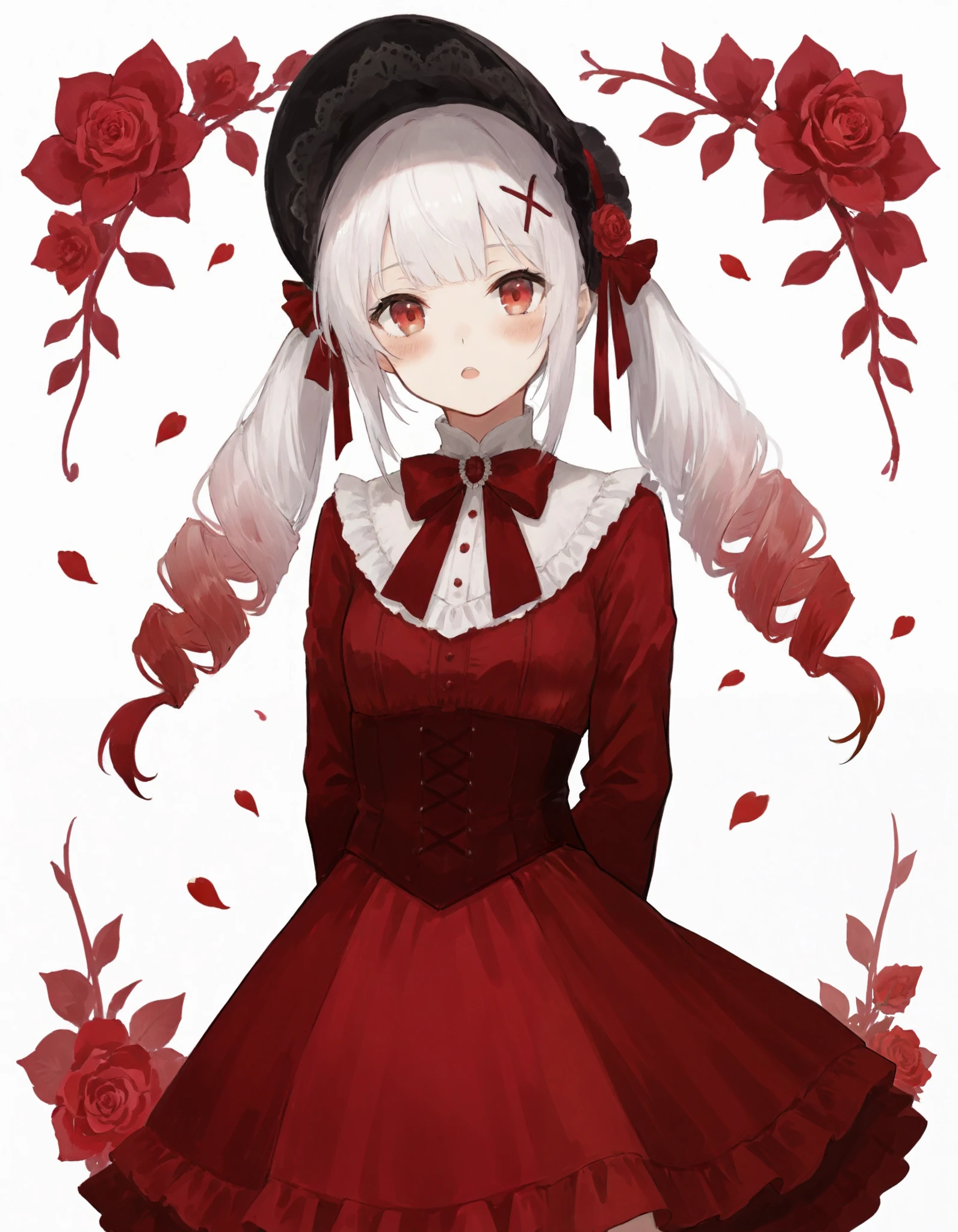 1girl,
solo, x hair ornament, drill hair, flower, red eyes, hair ornament, red flower, dress, rose, bow, long hair, looking at viewer, petals, red bow, white hair, frills, twin drills, multicolored hair, red rose, bowtie, hat, bonnet, white background, open mouth, red hair, red dress, red theme, arms behind back, cowboy shot, gradient hair, twintail, blush, simple background, long sleeves, frilled dress, black headwear,
.
best quality, very aesthetic, absurdres