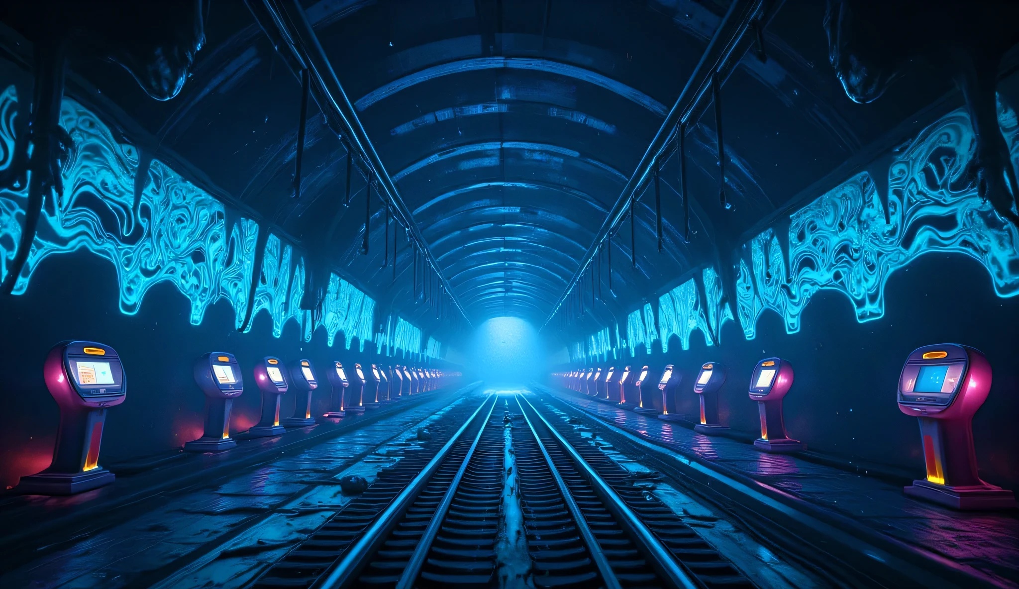 A photorealistic 8K cinematic photograph of an abandoned neon-lit train station suspended in mid-air. The tracks glow faintly with an otherworldly blue light, disappearing into a swirling, dark void. Broken robotic ticket machines stand motionless, their screens flickering with static. The station's walls are covered in holographic graffiti that shifts and morphs into unsettling shapes when viewed from different angles. The eerie silence is broken only by the distant hum of the energy tracks.
