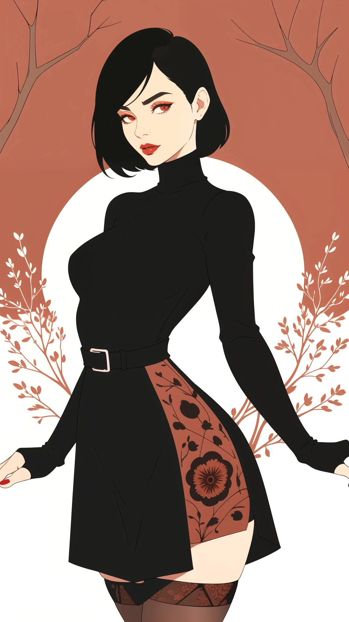 mature woman, simple vector illustration, standing, minimalistic short turtleneck dress, nylon detailed stockings with garters, drowning in tiny bog, close-up, artistic composition, red lips, white background, ethnic patterns, posing
