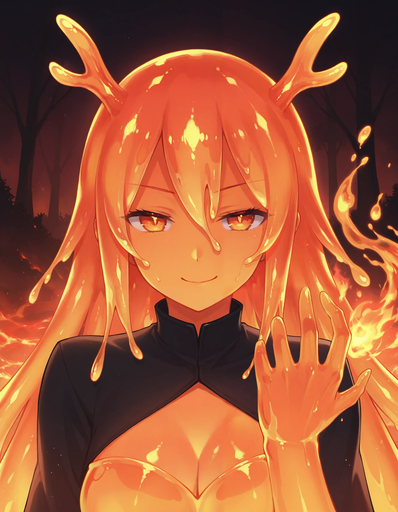 1girl, orange slime girl, dragon girl, fire magic out of her hand, cleavage, portrait, smirk, cinematic, dynamic, fire forest, lava,