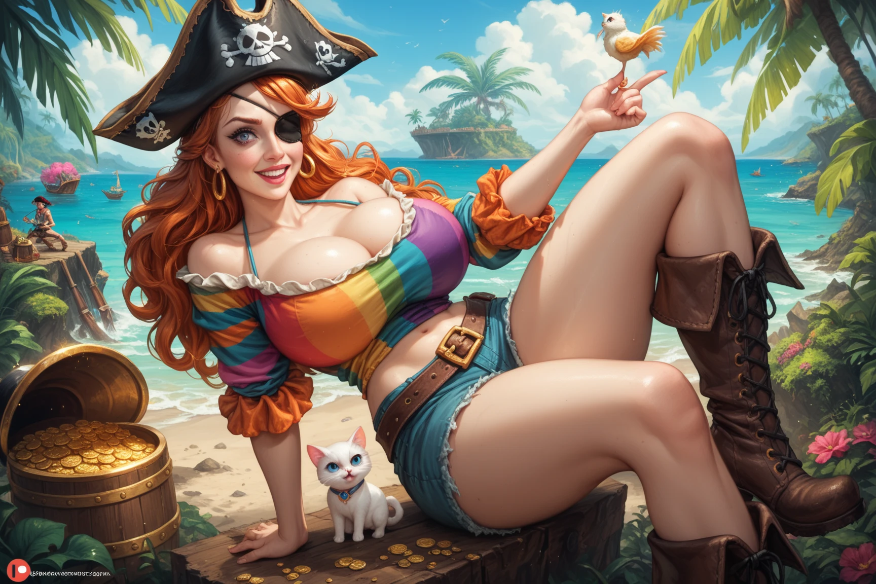 score_9, score_8_up, score_8, source_anime, semi_realistic, 1girl, Pirate Goddess, proud, bracelet, jewels, pirate hat, skimpy pirate clothes, DD cup size. big nipples outline. curvy booty. legs in water, Waterfalls,Island paradise, sunny morning