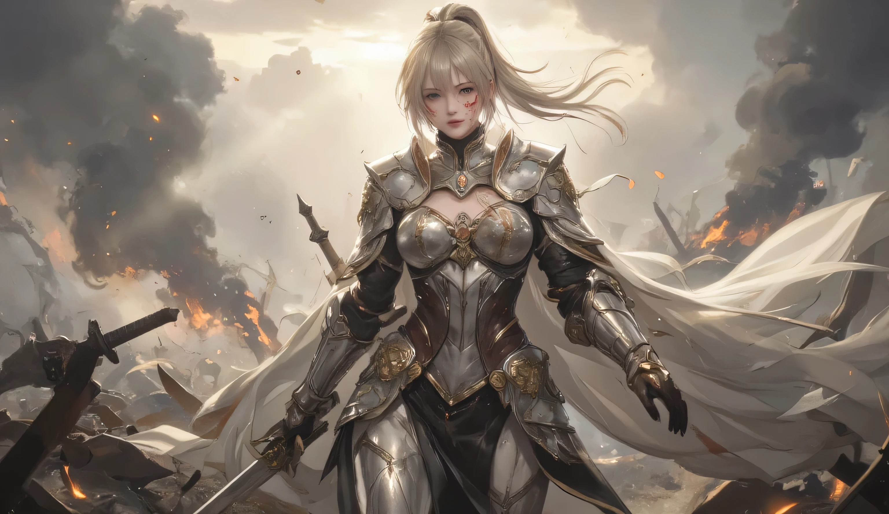 A female knight wearing silver armor, holding a sword in her right hand, walking towards the viewer. Her face shows traces of blood splatter, with a serious expression. She has straight blonde hair styled in a ponytail, giving the impression of a Sun Knight. The background is a battlefield, scattered with remnants of war like broken weapons and smoldering fire. Rays of sunlight pierce through the smoky sky, illuminating her figure dramatically. The armor has intricate designs resembling solar patterns, and her cape flows gently in the wind. The overall mood is intense and heroic, full body, medium breast.