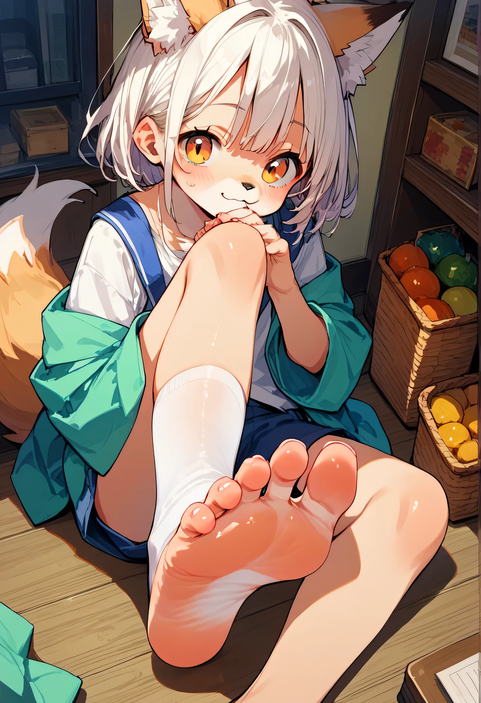 score_9,score_8_up,score_7_up,score_6_up,score_5_up,source_anime,source_furry, hadrian,from above,fisheye,standing and show foot,shanding and show sole,standing on one leg,foot focus,sole,barefoot,no shoes,  furry female, fox girl,paw_sloe,sharp_toenails, pawpads, shorts