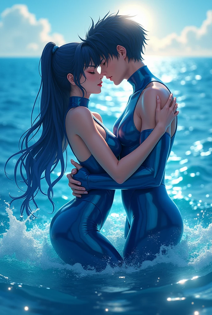 "Katara, personagem de Avatar A Lenda de Aang, wearing a swimsuit glued to the body with plugsuit style, being hugged from behind by her brother Sokka. Objects in the scenario: agua, praia, clouded skies. Enquadramento: Plano aberto, scenic. Uplighting: Indireta, But the sun is about to go down." --auto