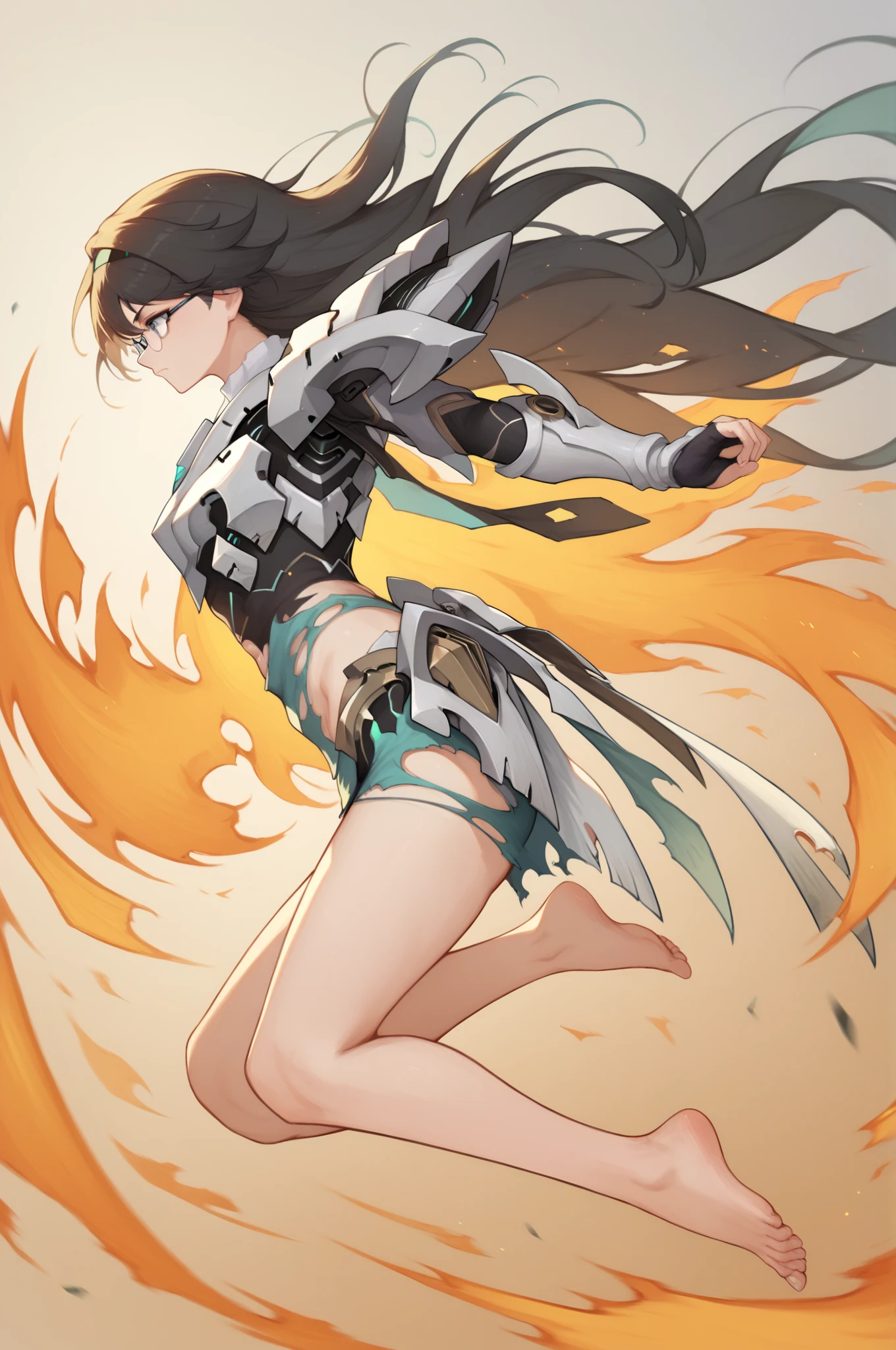 score_9, score_8_up, score_7_up, 1girl, solo, fireflyhsr, mecha musume, armor, torn clothes, bare legs, barefoot, from side, floating hair, fire, torn armor, <lora:firefly-strPO-v1b-000008:0.9>,