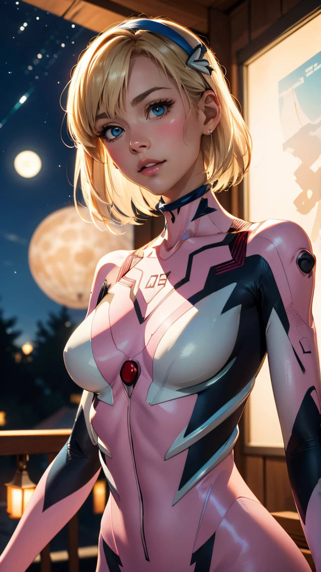8k, photo-realistic, Beautiful girl, big breasts, sexy body, Curvy, (best quality, masterpiece, perfect ligthing, bloom, cinematic lighting), gwen stacy, perfect eyes, detailed eyes, upper body, full body, spider-gwen suit, bodysuit, superhero, gwen stacy, blonde hair, blue hair, short hair, animification, eyebrow piercing, huge breasts, big round perfect breasts, (sexy body), (((oversized breasts))), huge cleavage,